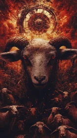 Horned ram leader before fiery machine halo in sky.