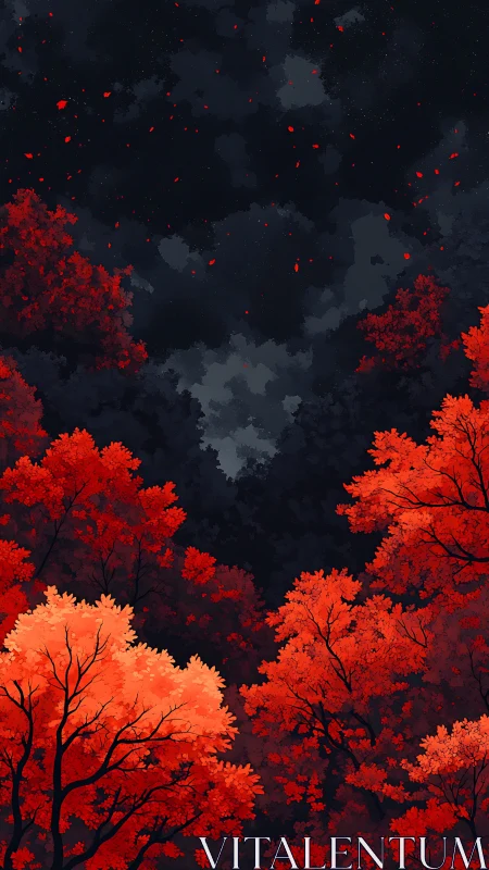 Fiery Autumn Forest Under Stormy Night Sky