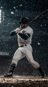 Right-handed batter mid-swing under stadium floodlights in rain