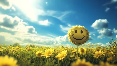 Smiling sunflower brightens a sunny field of yellow joy.