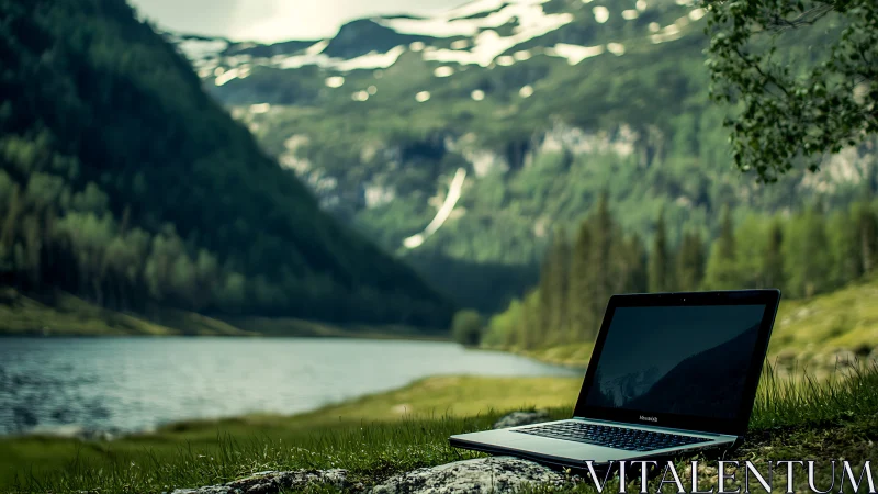 Ultraportable laptop staged beside alpine lake under diffuse daylight.
