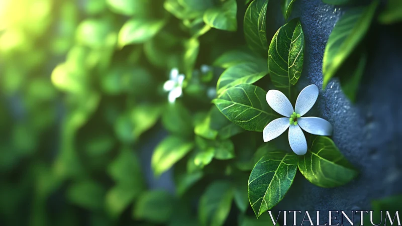White flower on lush green vine with soft sunlight glow.