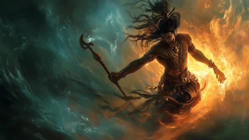 Fiery warrior dancing through swirling storm and light.