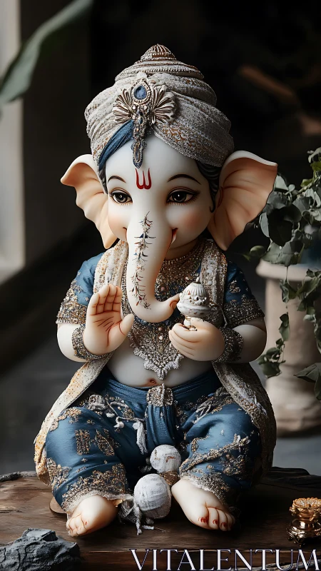 Baby Ganesha idol in ornate blue attire with soft lighting.