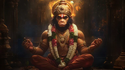 Divine monkey warrior meditates in a glowing temple hall