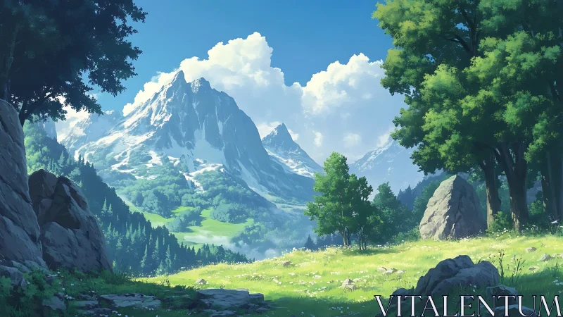 Sunlit alpine meadow opens onto peaceful snowy mountains