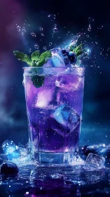 Dynamic Beverage Splash with Prismatic Ice and Mint Garnish in Luminous Purple Tones