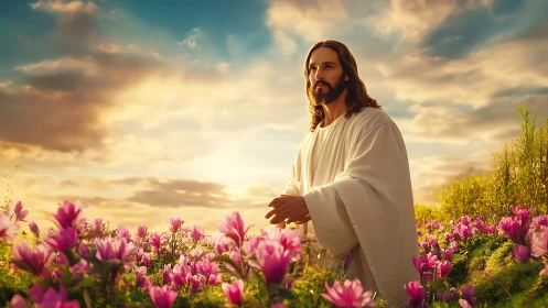 Gentle robed figure walking through glowing spring meadow.