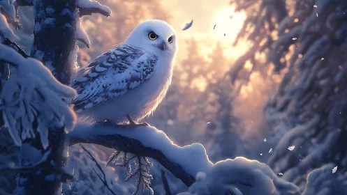 Snowy owl perched on branch in magical winter forest scene.