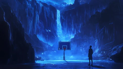 Basketball hoop in blue cavern with waterfall background.