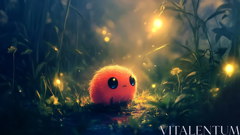 Fuzzy orange creature under glowing lights in forest path.