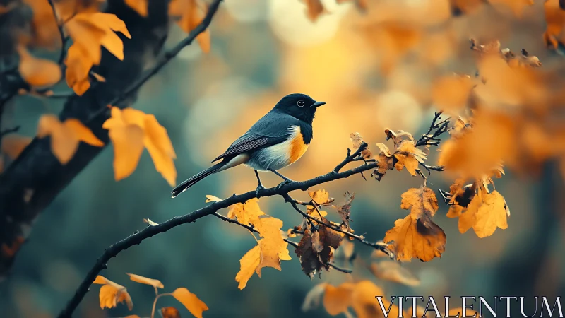 Small bird on autumn branch, vibrant fall colors, nature photography.