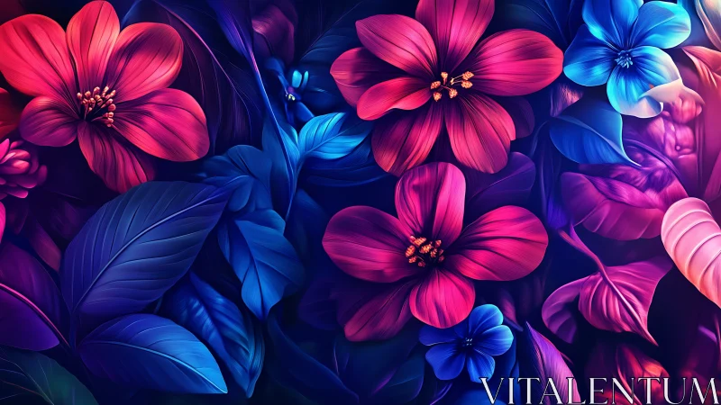 Digital Floral Composition with Pink and Blue Blooms.