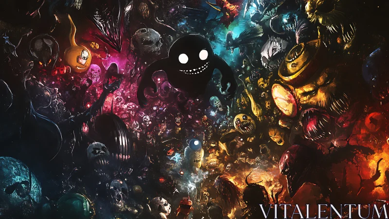 Swarm of stylized monsters surrounds central shadow figure