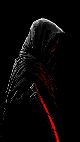 Hooded dark swordsman in high-contrast red-black vector profile