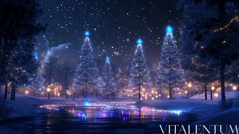 Illuminated winter forest with decorated trees at night.