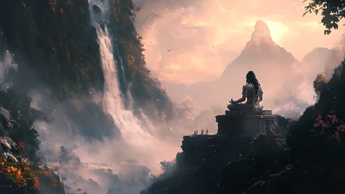 Mountain deity overlooks mist valley and cascading waterfall.
