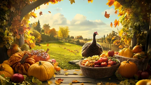 Autumn harvest still life with turkey framed by foliage archway