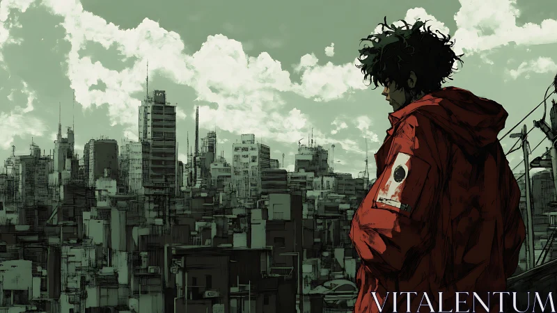 Brooding rooftop wanderer above jade-tinted megacity skyline.