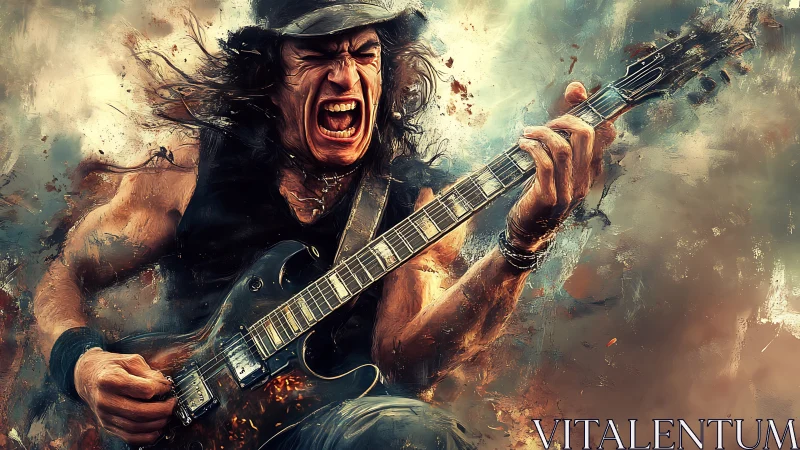 Explosive digital painting captures intense rock guitarist in motion