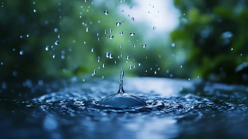 Photorealistic macro of raindrop impact on reflective surface.