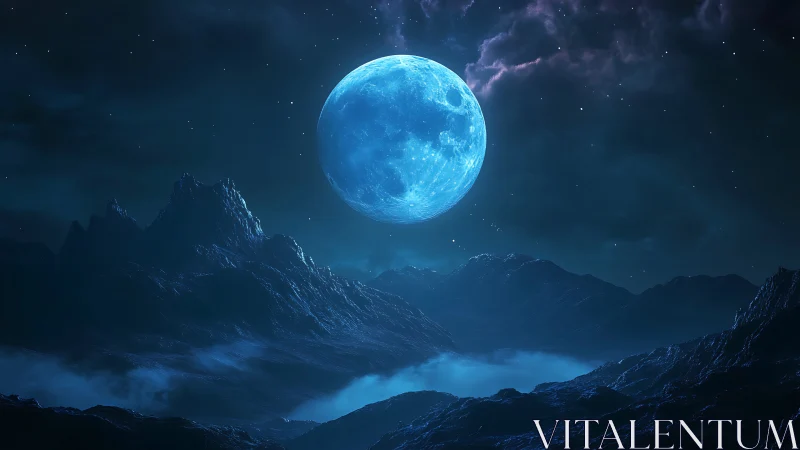 Blue moon above rugged mountains in dark night sky.