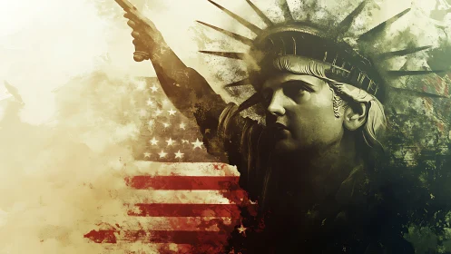 Textured Liberty statue portrait with distressed US flag overlay.
