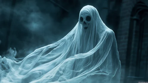 Ghostly specter drifts through eerie blue fog at night.