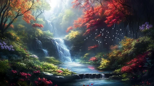 Luminous waterfall glade in saturated fantasy forest palette.