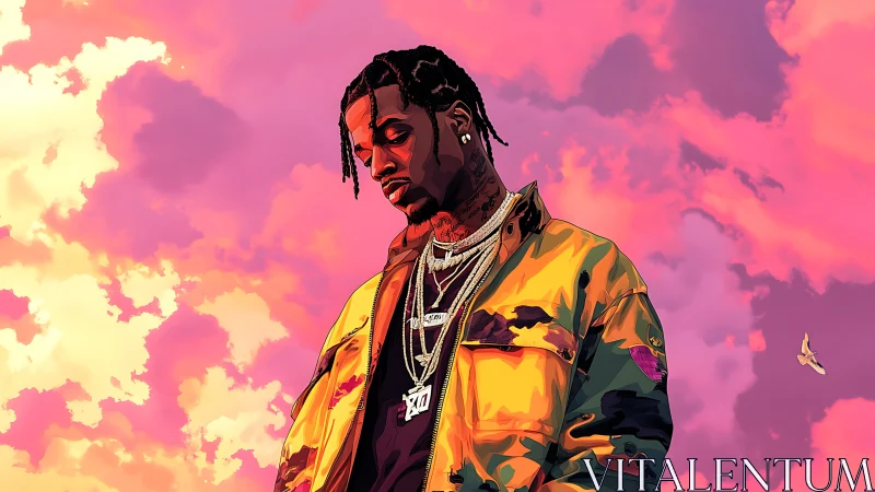 Digital portrait shows man in camo jacket against pink sky