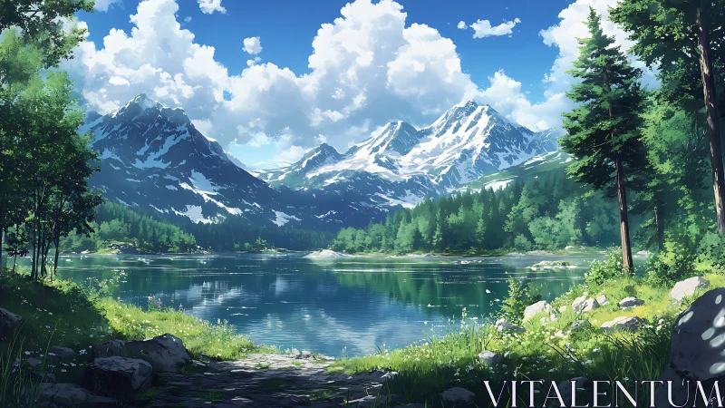 Mountain lake landscape under bright summer sky.