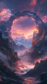 Celestial stone arch frames a fiery, dreamlike sunrise sky.