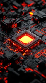 Glowing central microchip illuminates black circuit grid