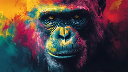 Neon-lit ape portrait renders hyper-saturated chromatic anatomy