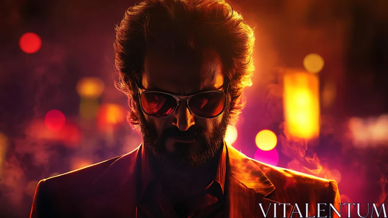 Brooding man in neon smoke with cinematic backlight glow.