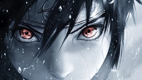 Intense anime character closeup shows glowing red eyes