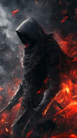 Hooded dark warrior strides through swirling fire and smoke