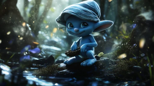 Bioluminescent blue sprite seated by reflective forest stream.