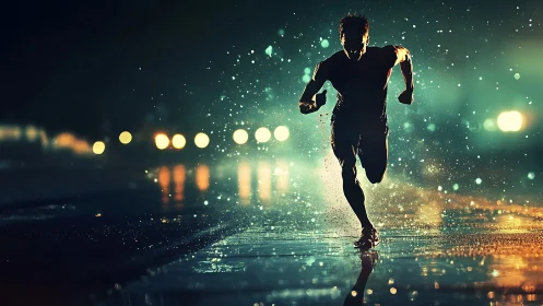 Rain-soaked night runner charges forward through glowing city