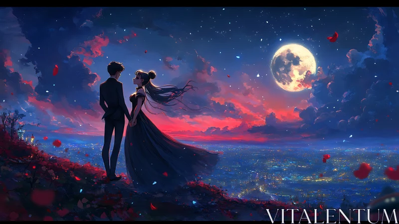 Moonlit lovers gaze over a glowing cityscape at dusk.