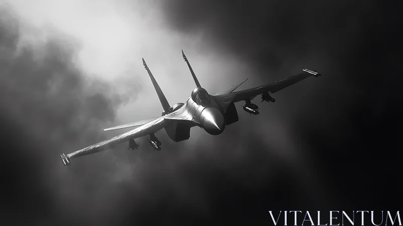 Jet fighter aircraft flies through dark storm clouds decisively