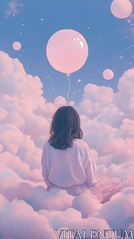 Soft sky dream where a quiet girl rests among pink clouds