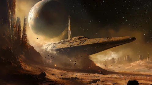 Massive starship landing on arid alien world under planet.