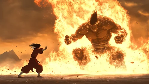 Human figure confronts large fiery humanoid in open landscape