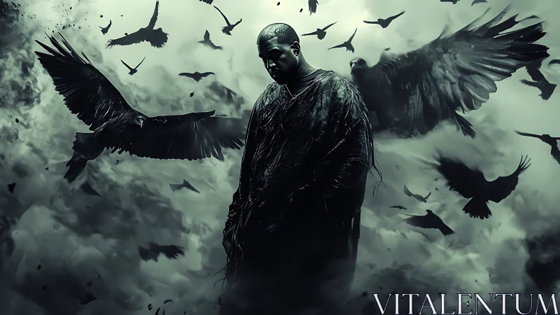 Solitary figure shrouded in ravens amid cinematic storm clouds