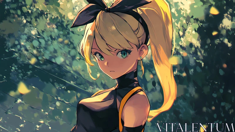 Blonde anime girl in forest light with focused gaze.