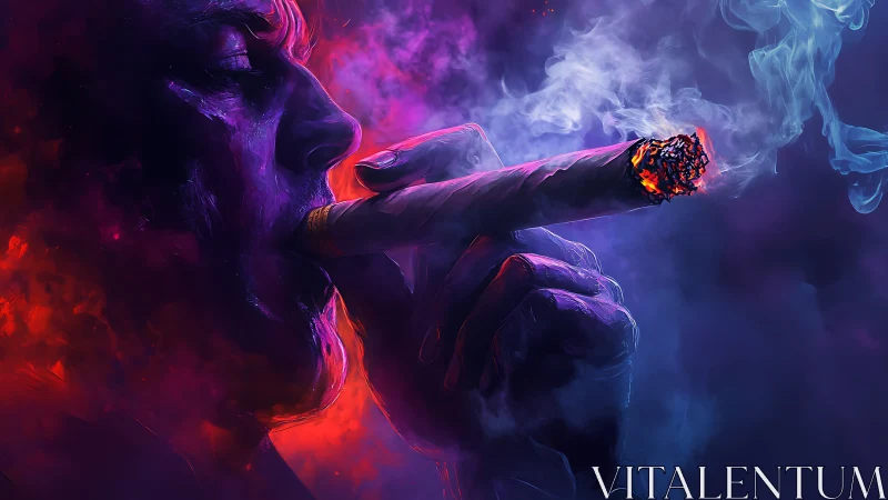 Neon side-lit portrait isolates cigar embers and swirling smoke