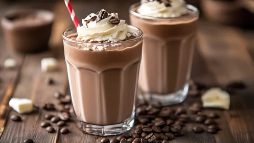 Iced mocha milkshakes crowned with whipped cream and beans