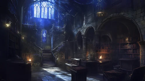Gothic stone library hall with stairway and skylight.