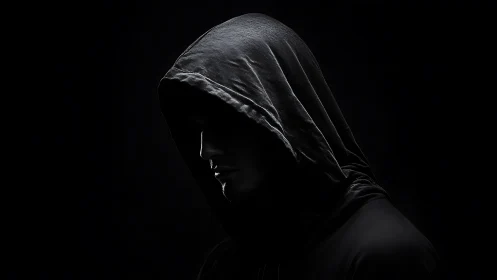 Hooded shadow walker in charcoal-dark cinematic silence.